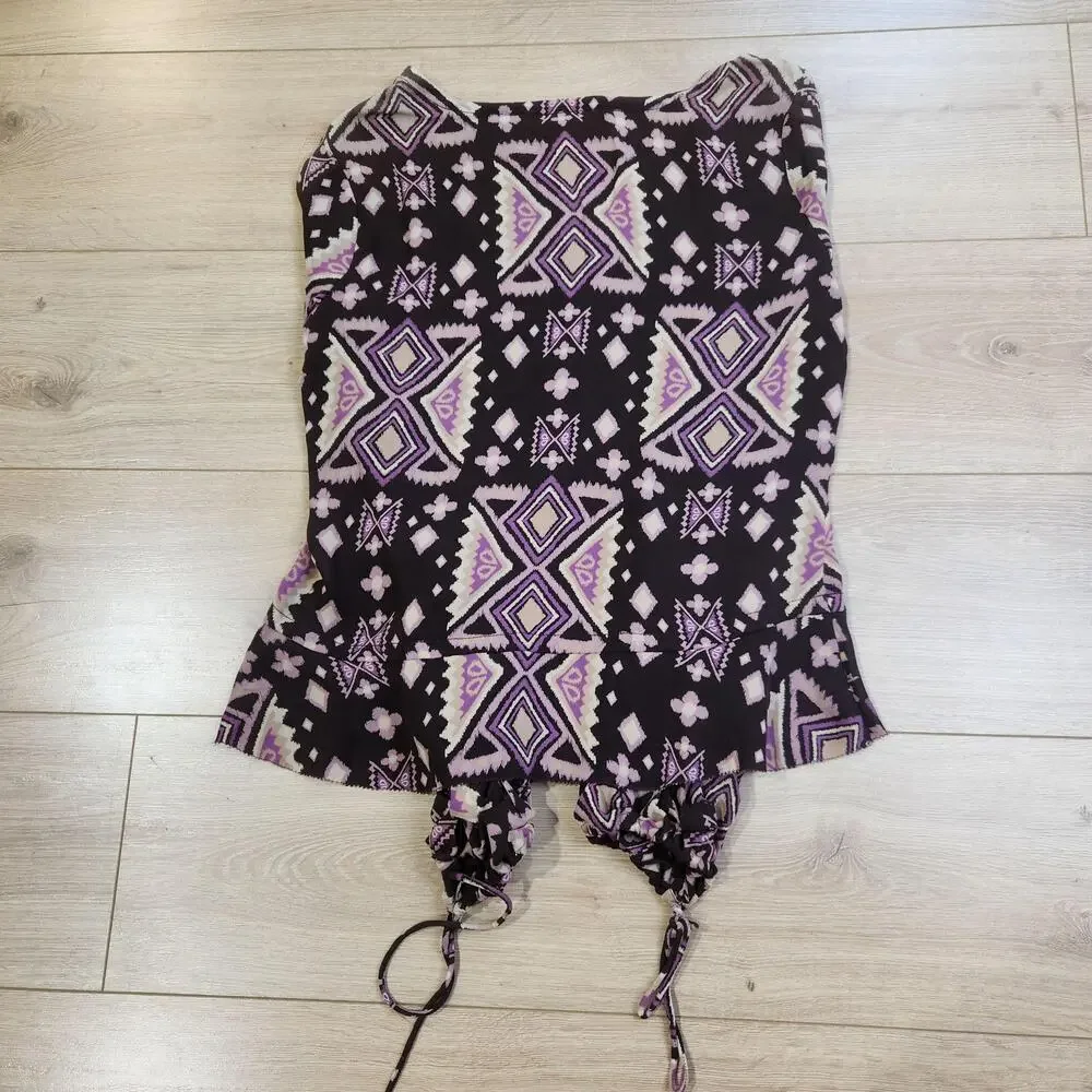 Tory Burch Blouse Womens 4 Black Purple Aztec Silk V Neck Drawstring Top